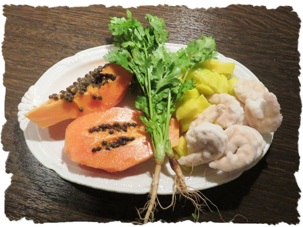 Mango-Papaya-Shrimps Sauce zu Bandnudeln 