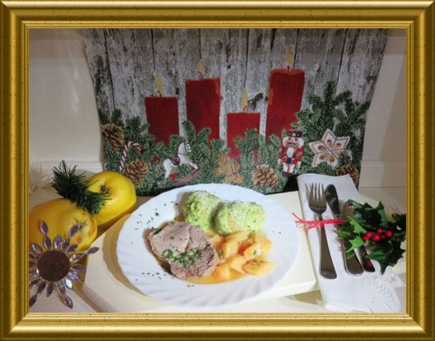 Schweinebraten mit Quitten zu Spinatklössen aus der Taraland Lehrküche