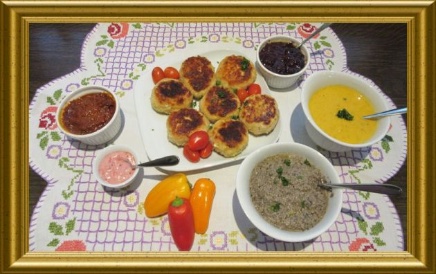 Hähnchenbratlinge mit verschiedenen Dips aus der Taraland Lehrküche