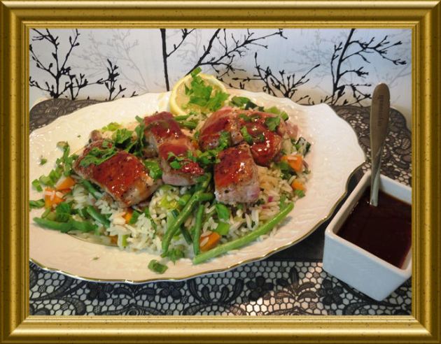 Glasierte Schweinefilets m. BBQ Sauce u. Gemüse-Reis aus der Taraland Lehrküche