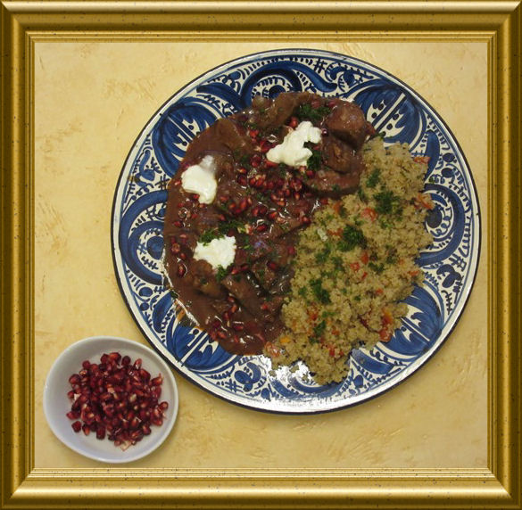 Georgischer CousCous mit Paprika und Rinderleber in Rotweinsauce mit Garanatapfel aus der Taraland Lehrküche