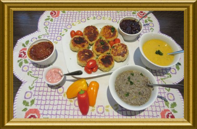 Hähnchenbratlinge mit verschiedenen Dips aus der Taraland Lehrküche