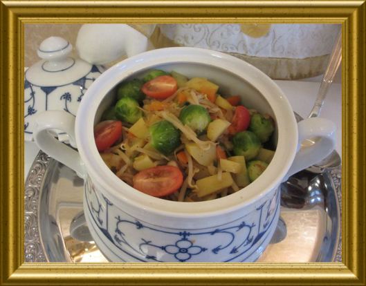 Rosenkohl-Mungobohnen-Topf aus der Taraland Lehrküche